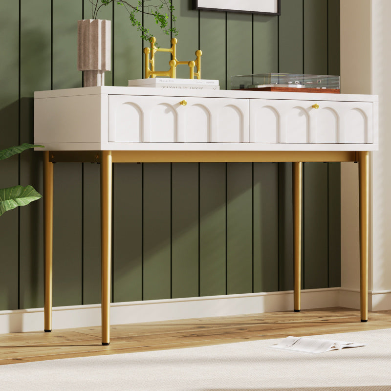 Modern Metal Leg Double Drawer Dressing Table - Vintage Style Wood & Metal Multifunctional Vanity with 2 Drawers, 27\