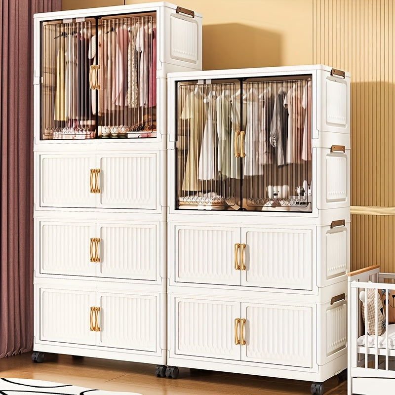 One Foldable Wardrobe with Wheels, Large Capacity Storage Cabinet, Multi-Layer Organizer Shelf, Easy Assembly Portable Closet for Home and Dormitory - Space-Saving Plastic Mobile Wardrobe, Portable Closets