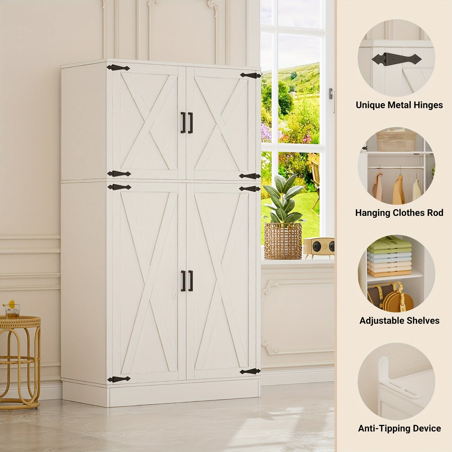 Unikito 71'' Farmhouse Wardrobe Closet with Hanging Rod, 4 Barn Door Clothing Storage Cabinet with Adjustable Shelves, Freestanding Wardrobe Cabinet for Bedroom, Living Room, Cloak Room, Office