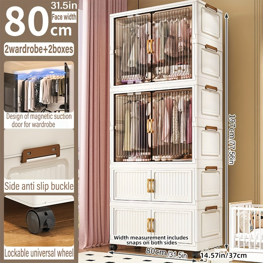 One Foldable Wardrobe with Wheels, Large Capacity Storage Cabinet, Multi-Layer Organizer Shelf, Easy Assembly Portable Closet for Home and Dormitory - Space-Saving Plastic Mobile Wardrobe, Portable Closets