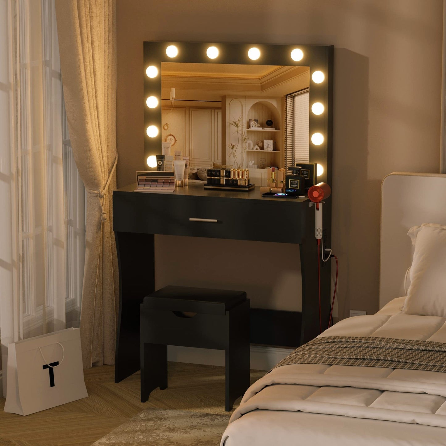 3-Drawer Vanity Desk With Lights - Makeup Vanities With Mirror, Power Outlet