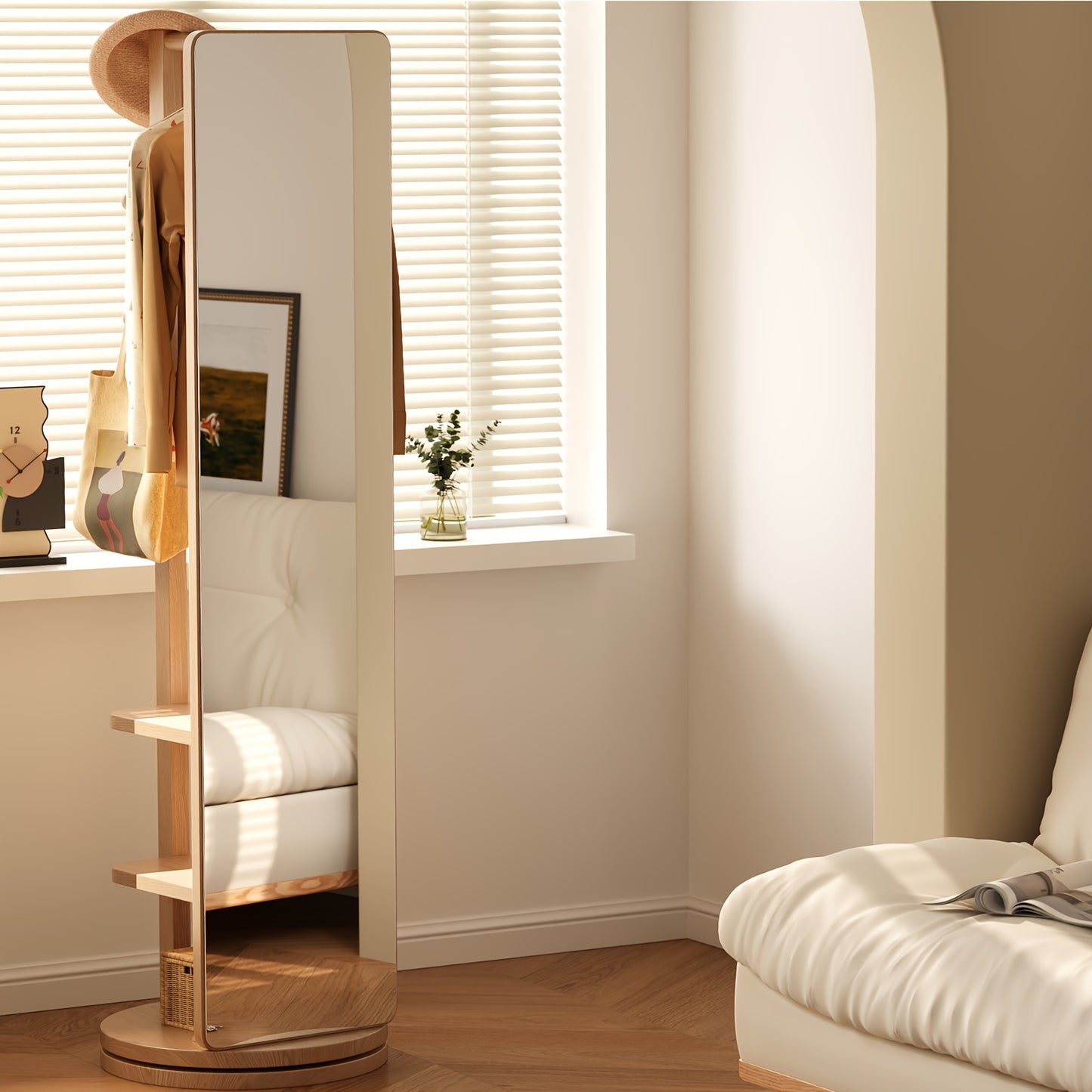 Solid Wood Floor Mirror With Coat Rack - Rotating Multifunctional Mirror Furniture For Home Teacher Furniture Storage Wardrobe, Suitable For Bedroom And Living Room, Free Shipping