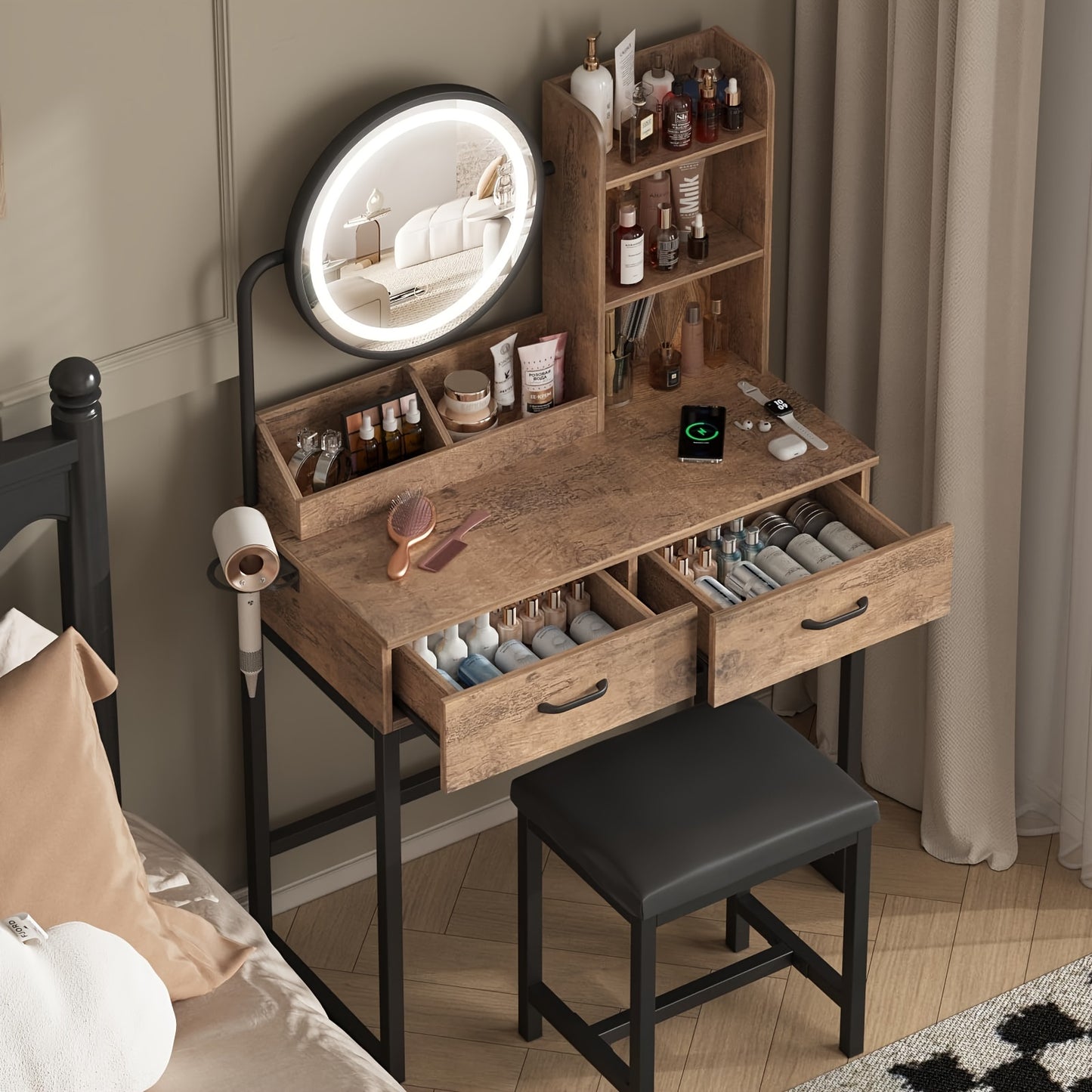 Vanity Desk Set With Mirror 2 Drawer Makeup Table & Velvet Stool | Vanity Desk Set With Oval Mirror, Small Space Bedroom Furniture