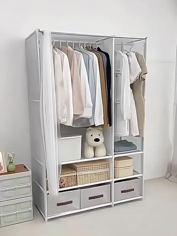1pc 65.2in*43.3in*17.7in Portable Wardrobe, Minimalist Wardrobe, Wardrobe with Drawers, Foldable Portable Wardrobe with Hanging Rod, 19mm Thickened Steel Pipe, Stable, Multi-Row Simple Wardrobe, Portabke Closet White