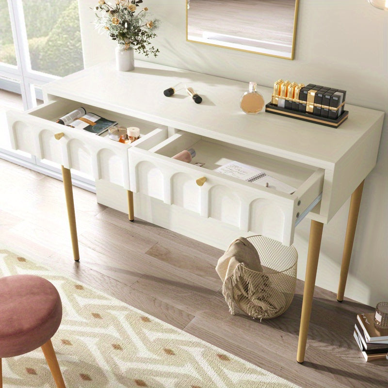 Modern Metal Leg Double Drawer Dressing Table - Vintage Style Wood & Metal Multifunctional Vanity with 2 Drawers, 27\