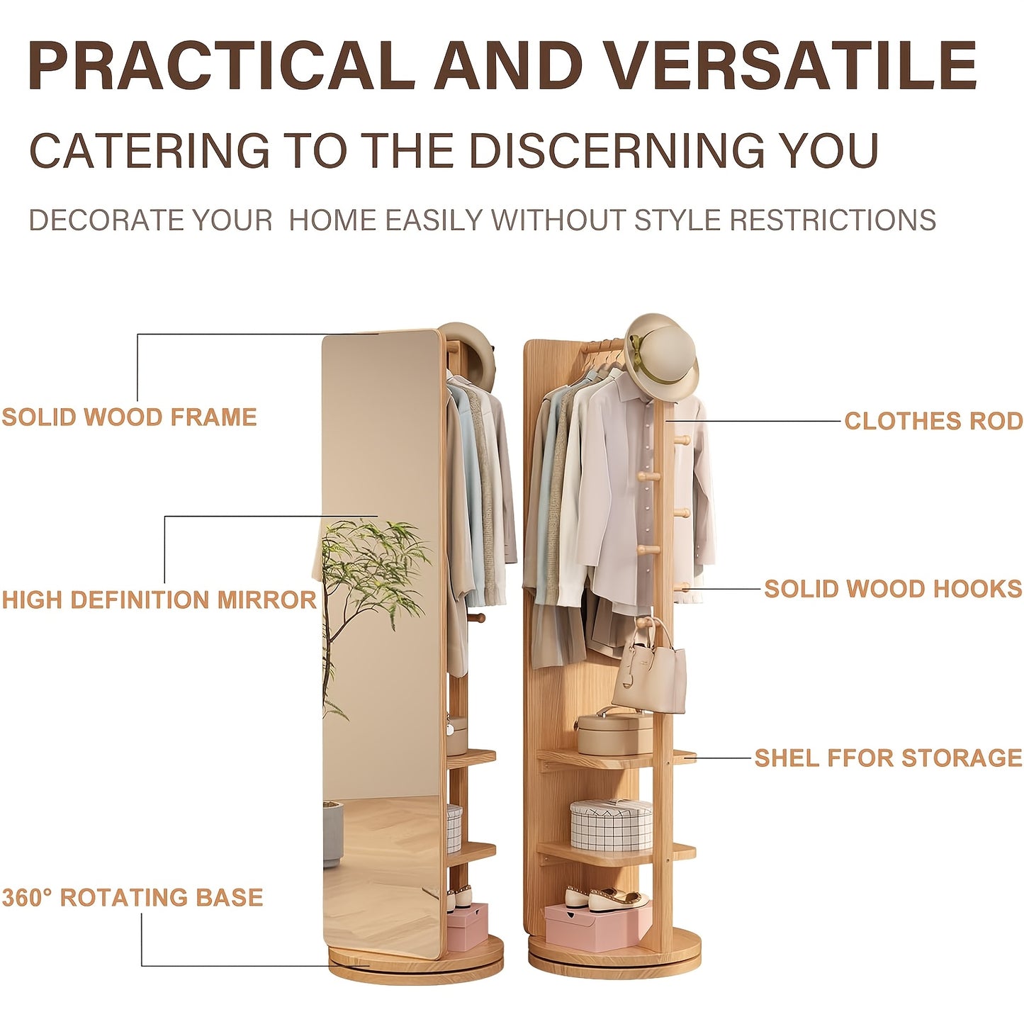 Solid Wood Floor Mirror With Coat Rack - Rotating Multifunctional Mirror Furniture For Home Teacher Furniture Storage Wardrobe, Suitable For Bedroom And Living Room, Free Shipping