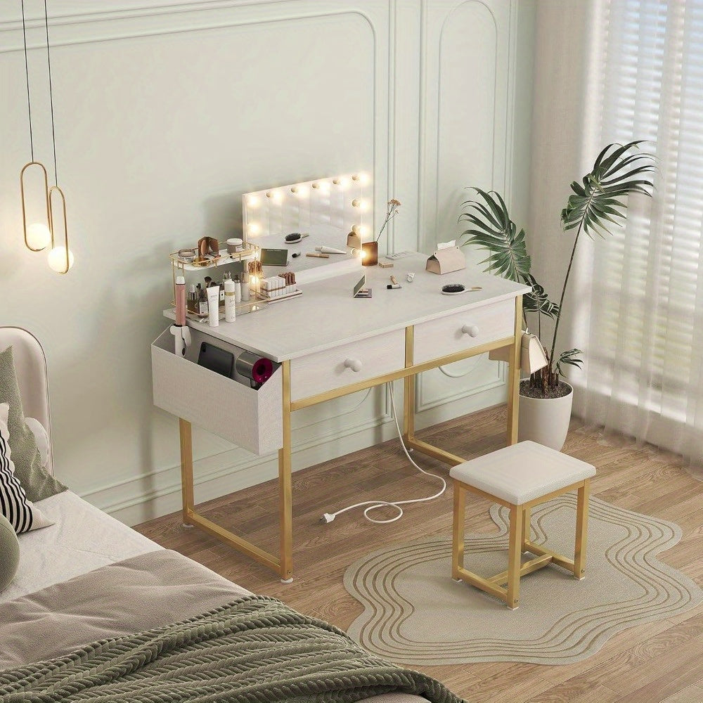 White Makeup Vanity Desk No Mirror with Chair, Small Vanity Table Set with Fabric Drawers