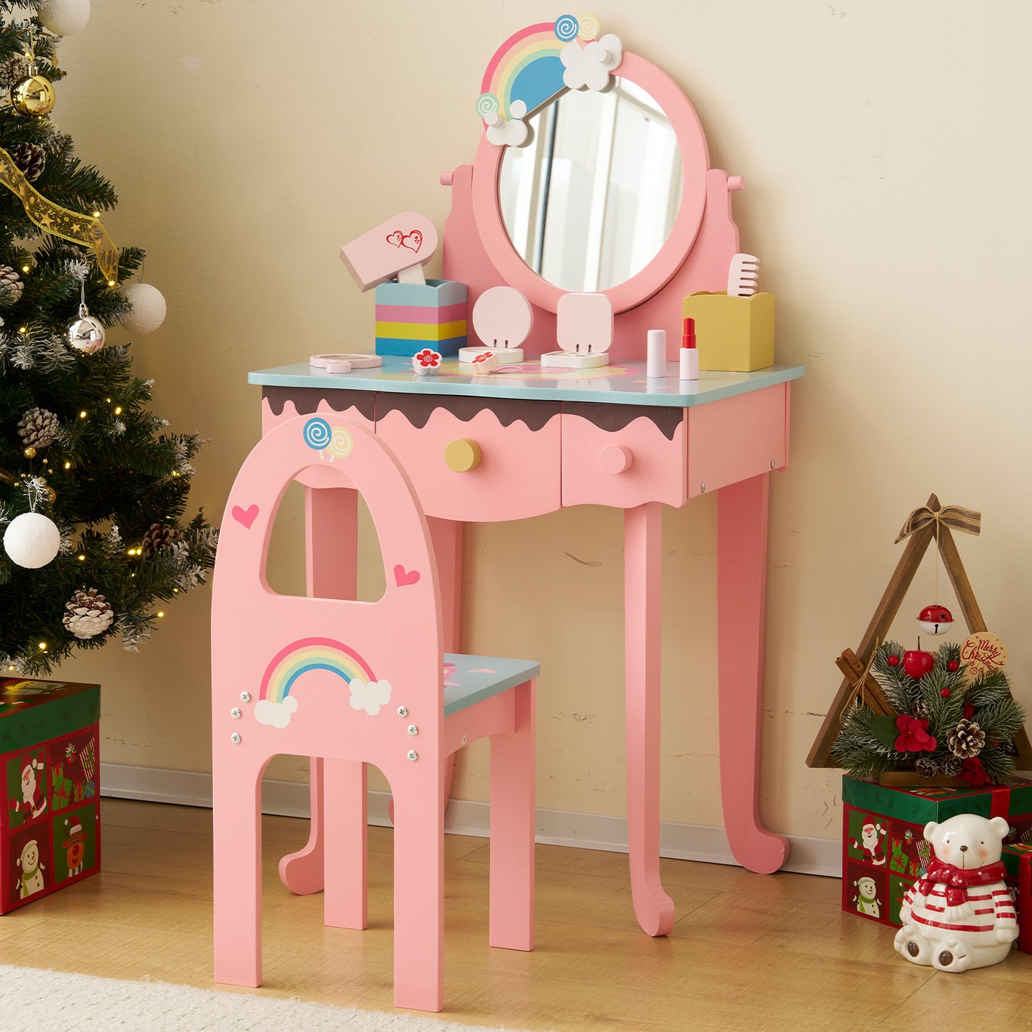 White\u002F Pink MDF Spray Paint 1 Mirror 3 Drawers 2 Desktop Storage Boxes Dressing Table Set Semicircular Backrest