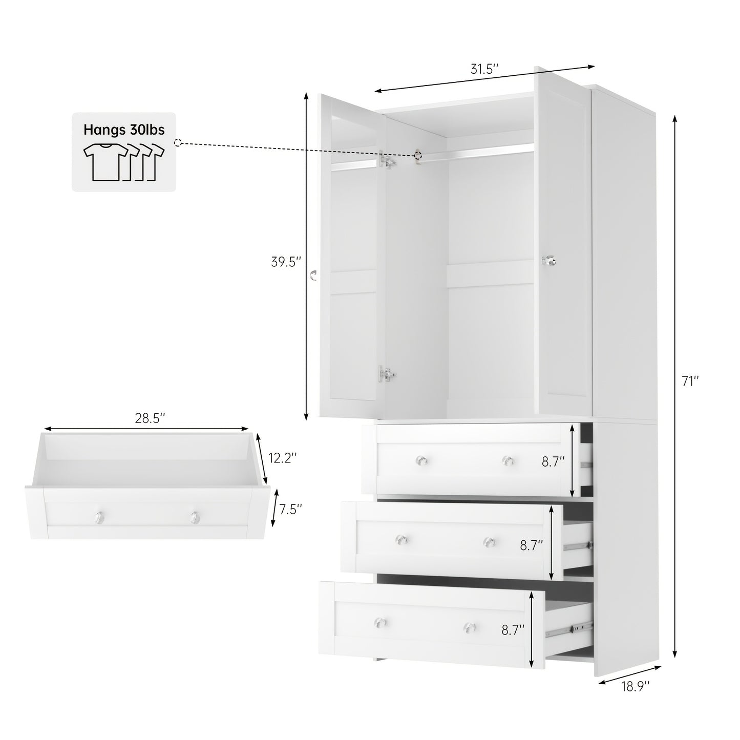 Modern Classic White Two-Door Wardrobe with Mirror, Drawers & Partitions - Hardwood MDF Freestanding Bedroom Armoire, Large Storage Cabinet with Clothes Rail, 3.2+ Cubic Feet, 27\
