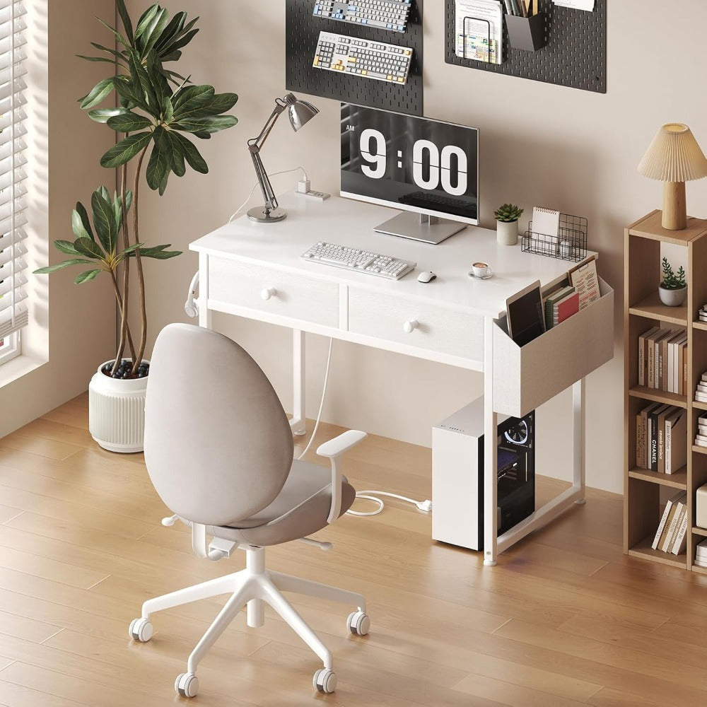 White Makeup Vanity Desk No Mirror with Chair, Small Vanity Table Set with Fabric Drawers