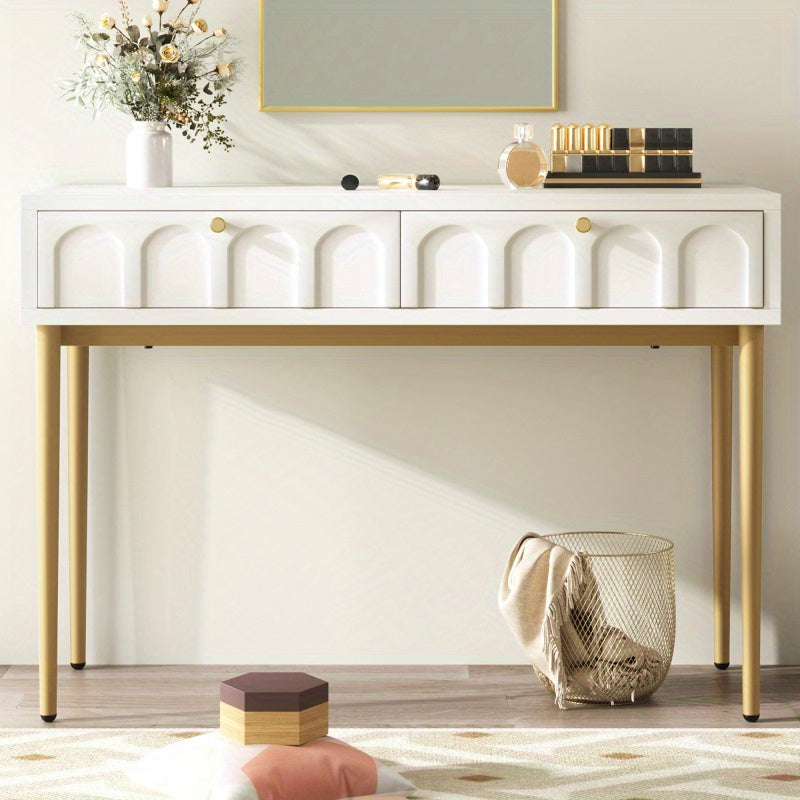 Modern Metal Leg Double Drawer Dressing Table - Vintage Style Wood & Metal Multifunctional Vanity with 2 Drawers, 27\