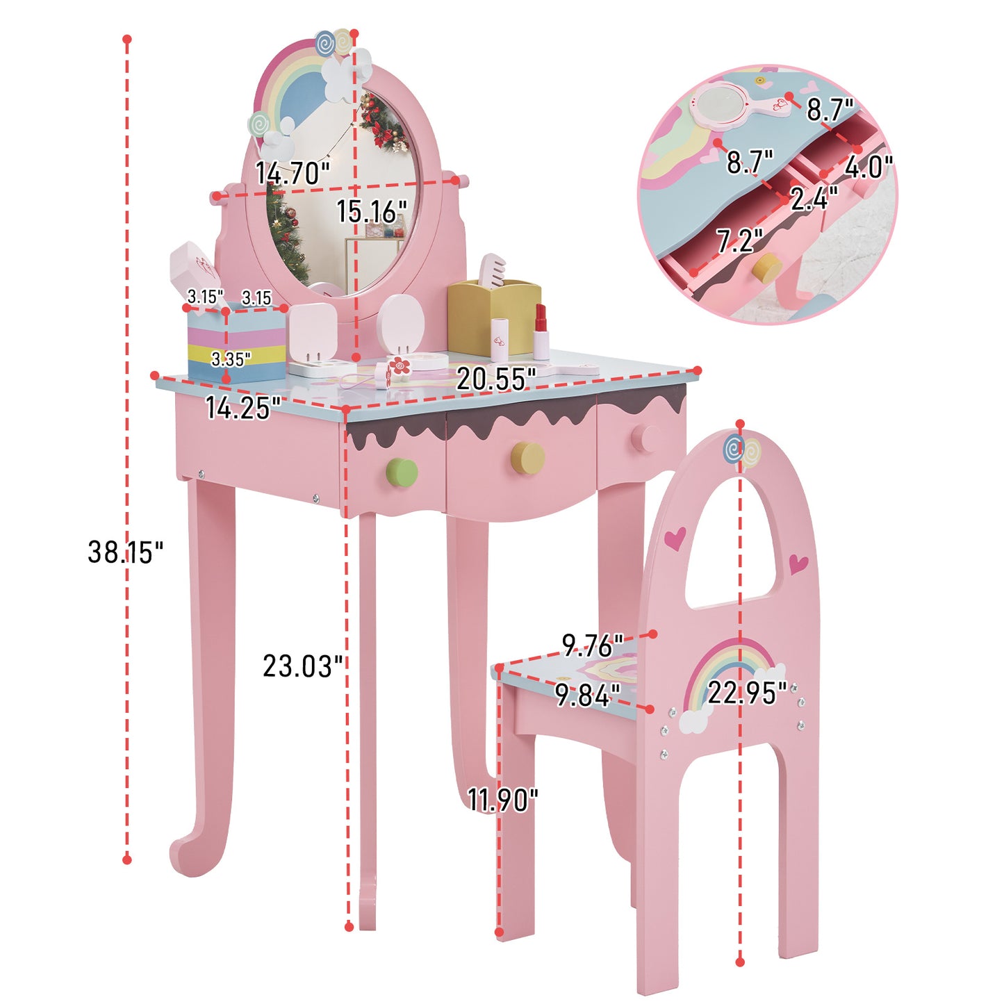 White\u002F Pink MDF Spray Paint 1 Mirror 3 Drawers 2 Desktop Storage Boxes Dressing Table Set Semicircular Backrest