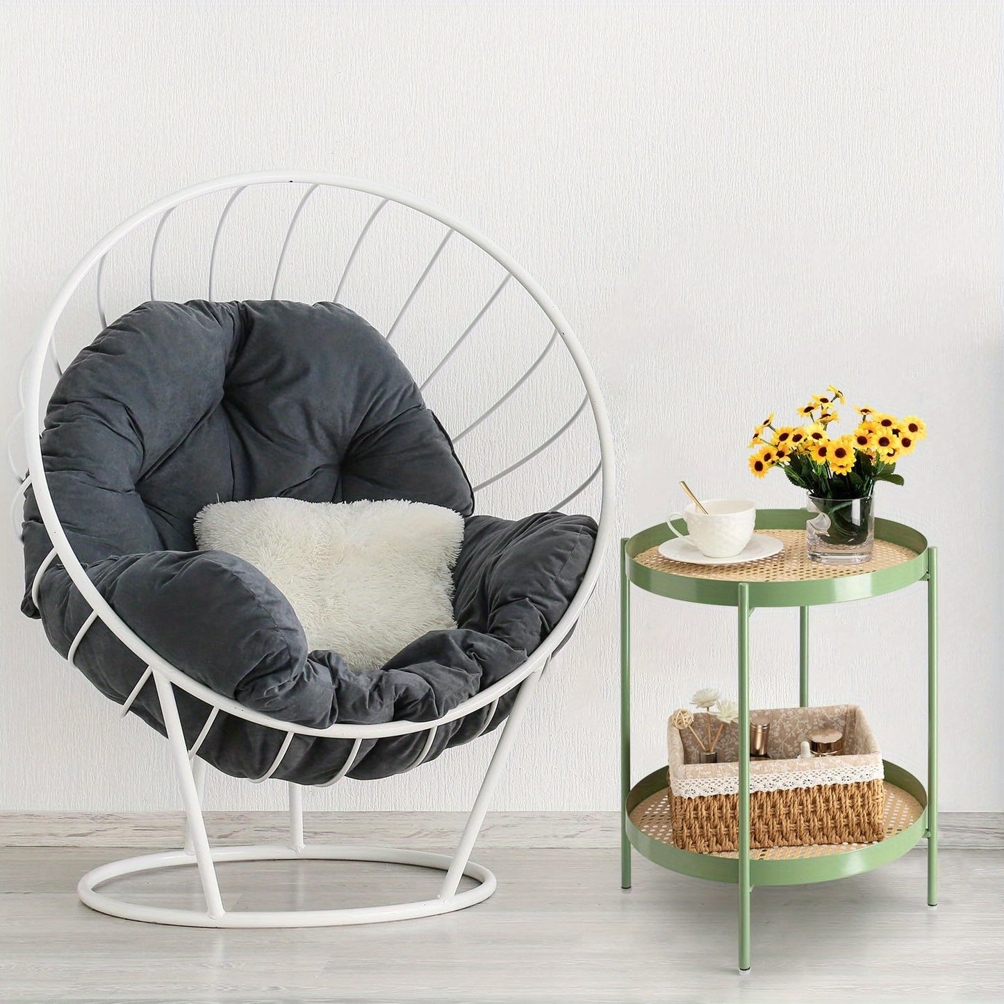 All Metal Side Table, 2 Tier Green End Table with Imitation Rattan Pattern on Removable Trays