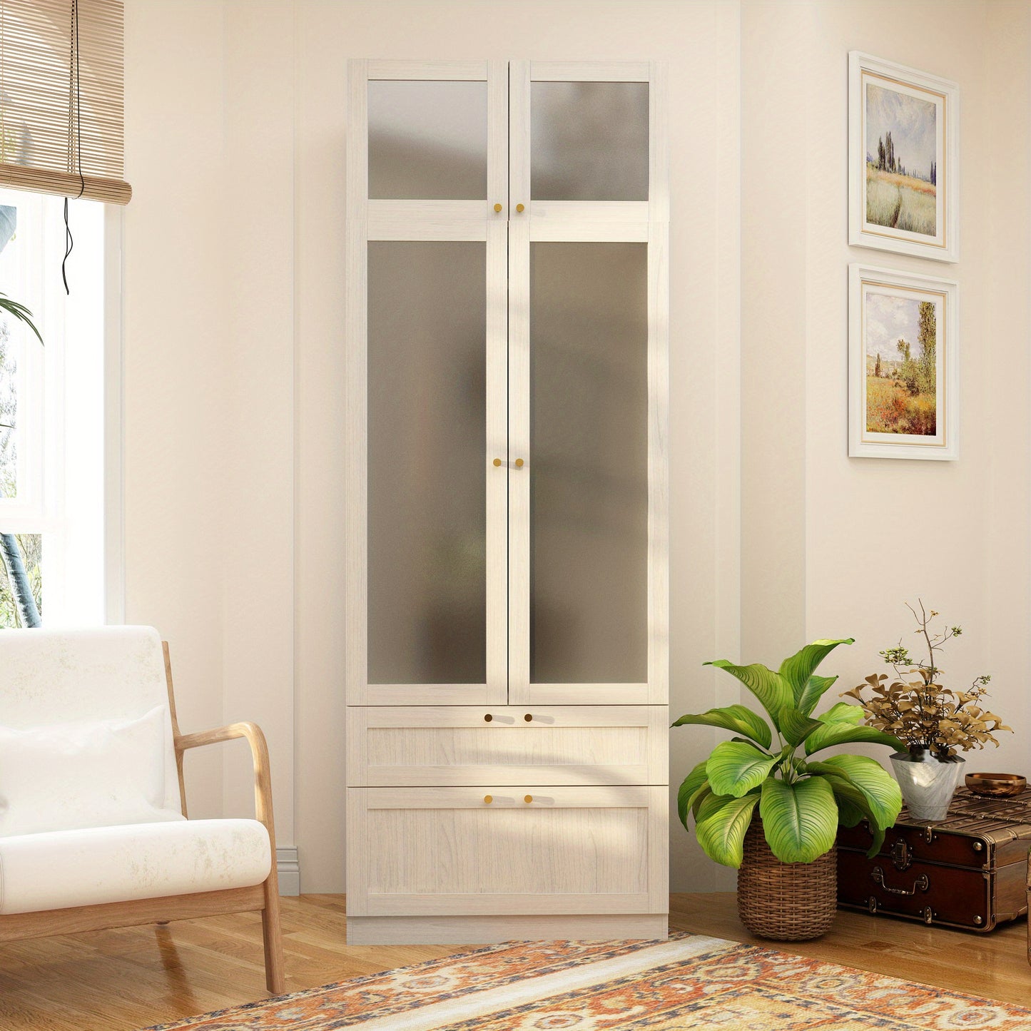 Modern Wardrobe Closet FUFU&GAGA Modern White Wooden Wardrobe Closet | Frosted Glass Doors, Hanging Bar & 2 Drawers - 27\