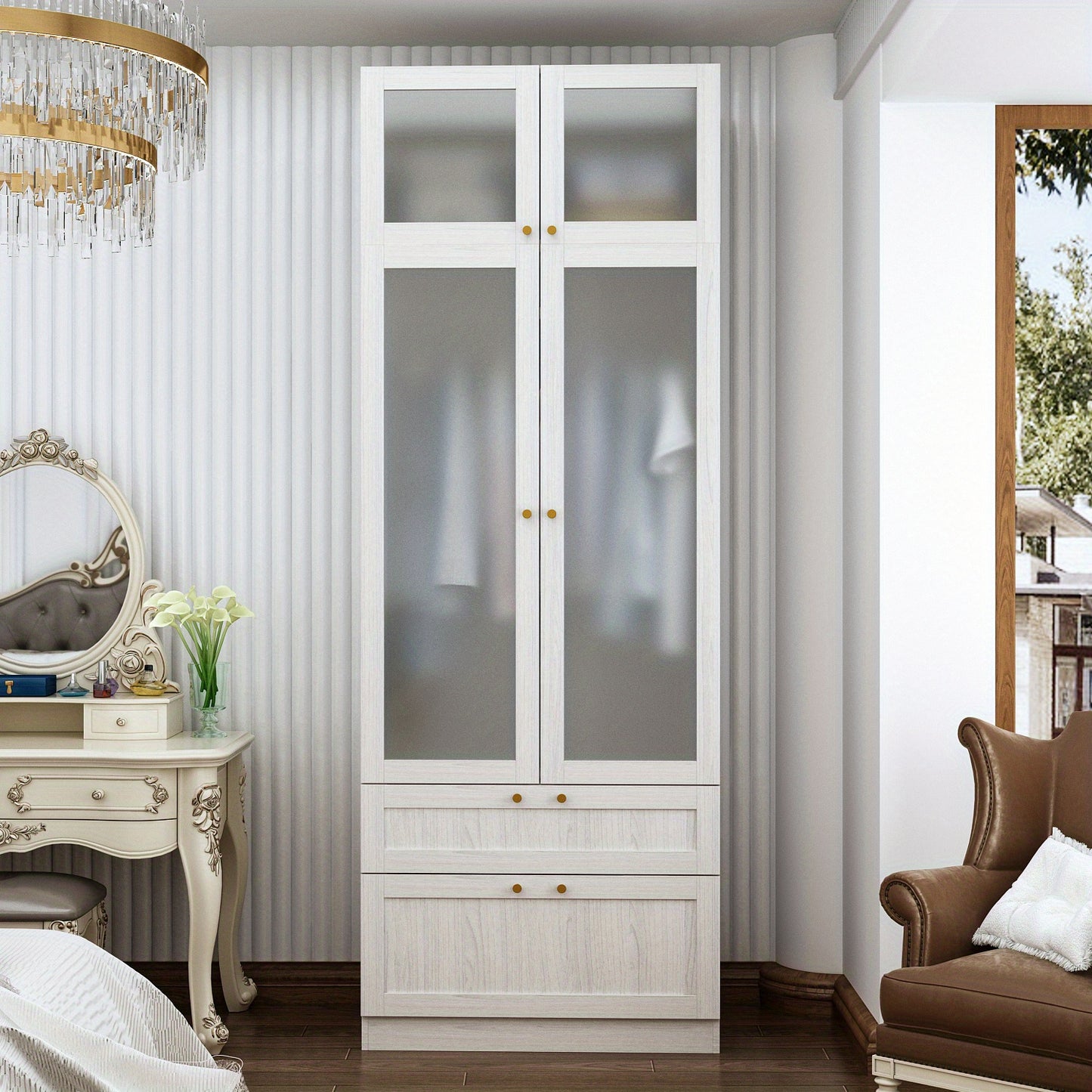 Modern Wardrobe Closet FUFU&GAGA Modern White Wooden Wardrobe Closet | Frosted Glass Doors, Hanging Bar & 2 Drawers - 27\