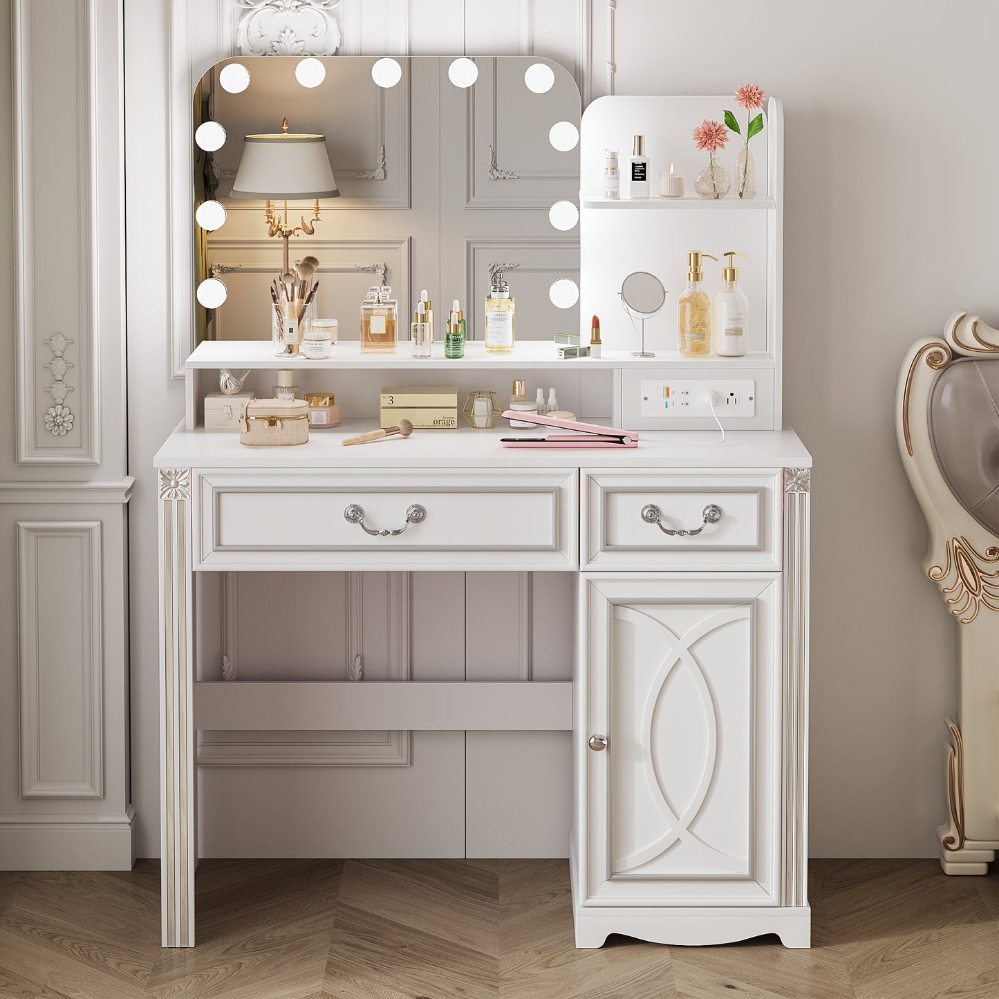 HWB Makeup Vanity Desk With LED Lighting Mirror And Power Socket, Girls Vanity With 3 Color Modes And Adjustable Brightness, Small Vanity With 2 Drawers And Cabinets For Bedroom