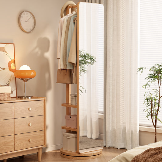 Solid Wood Floor Mirror With Coat Rack - Rotating Multifunctional Mirror Furniture For Home Teacher Furniture Storage Wardrobe, Suitable For Bedroom And Living Room, Free Shipping