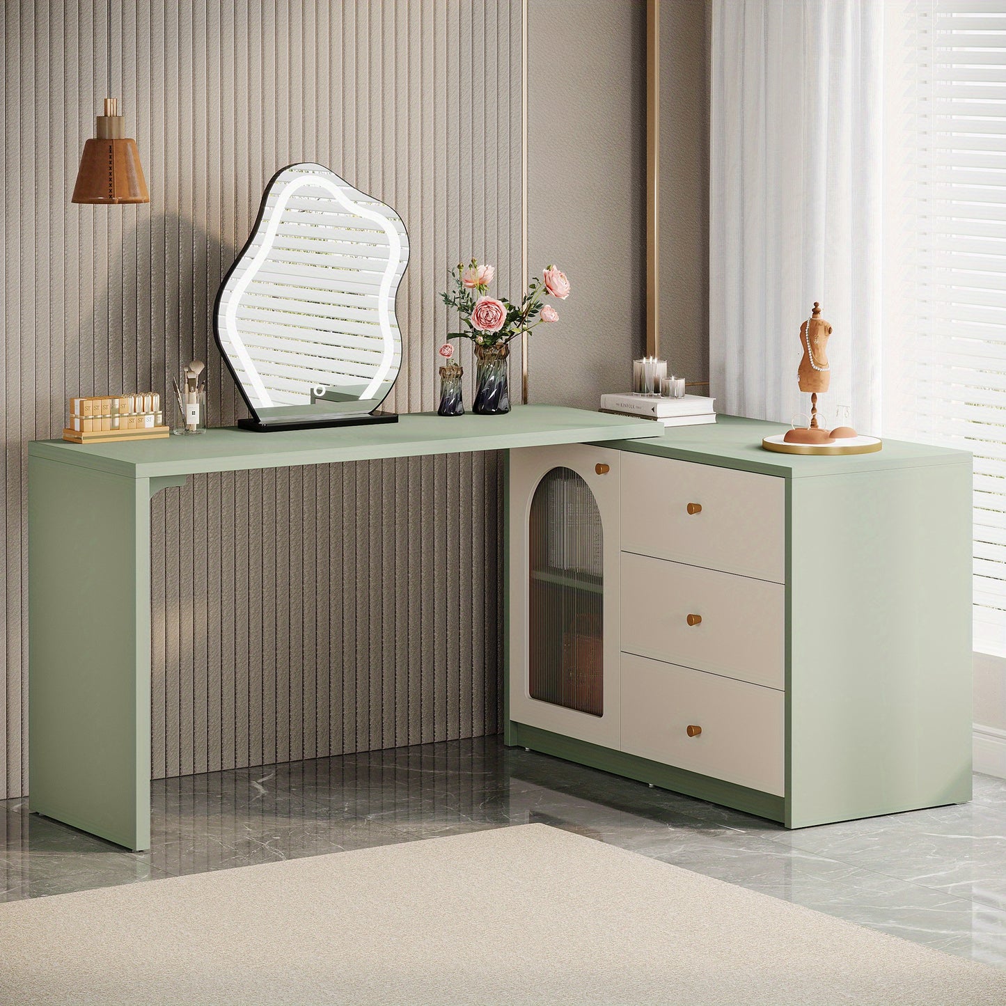 Modern Makeup Vanity Desk - Retractable Large Vanity Table with 3 Drawers & Cabinet