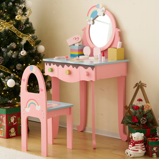 White\u002F Pink MDF Spray Paint 1 Mirror 3 Drawers 2 Desktop Storage Boxes Dressing Table Set Semicircular Backrest
