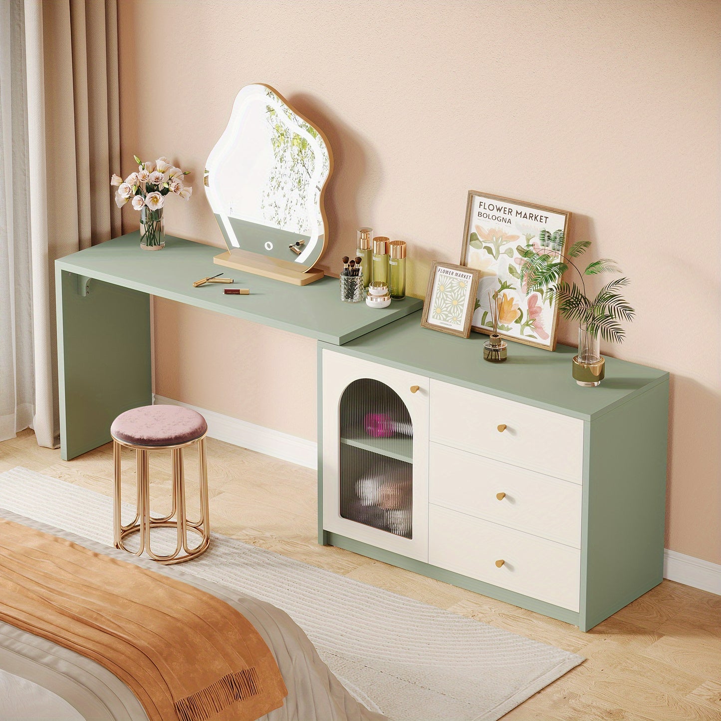 Modern Makeup Vanity Desk - Retractable Large Vanity Table with 3 Drawers & Cabinet