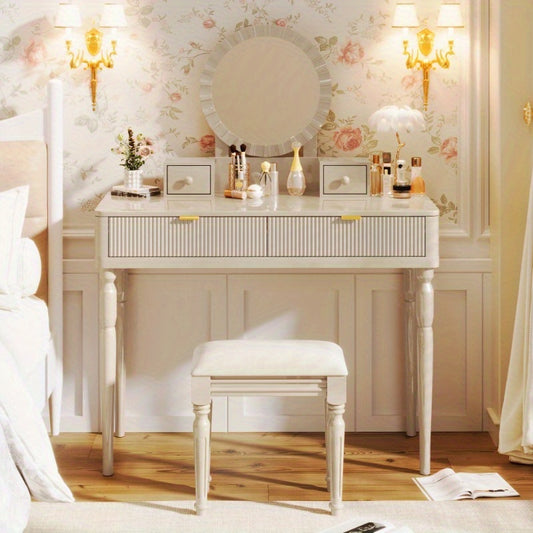 Chic Height-Adjustable Vanity Set with Round Mirror, 4 Spacious Drawers, Champagne Colored Dressing Table with Stool, Perfect for Home