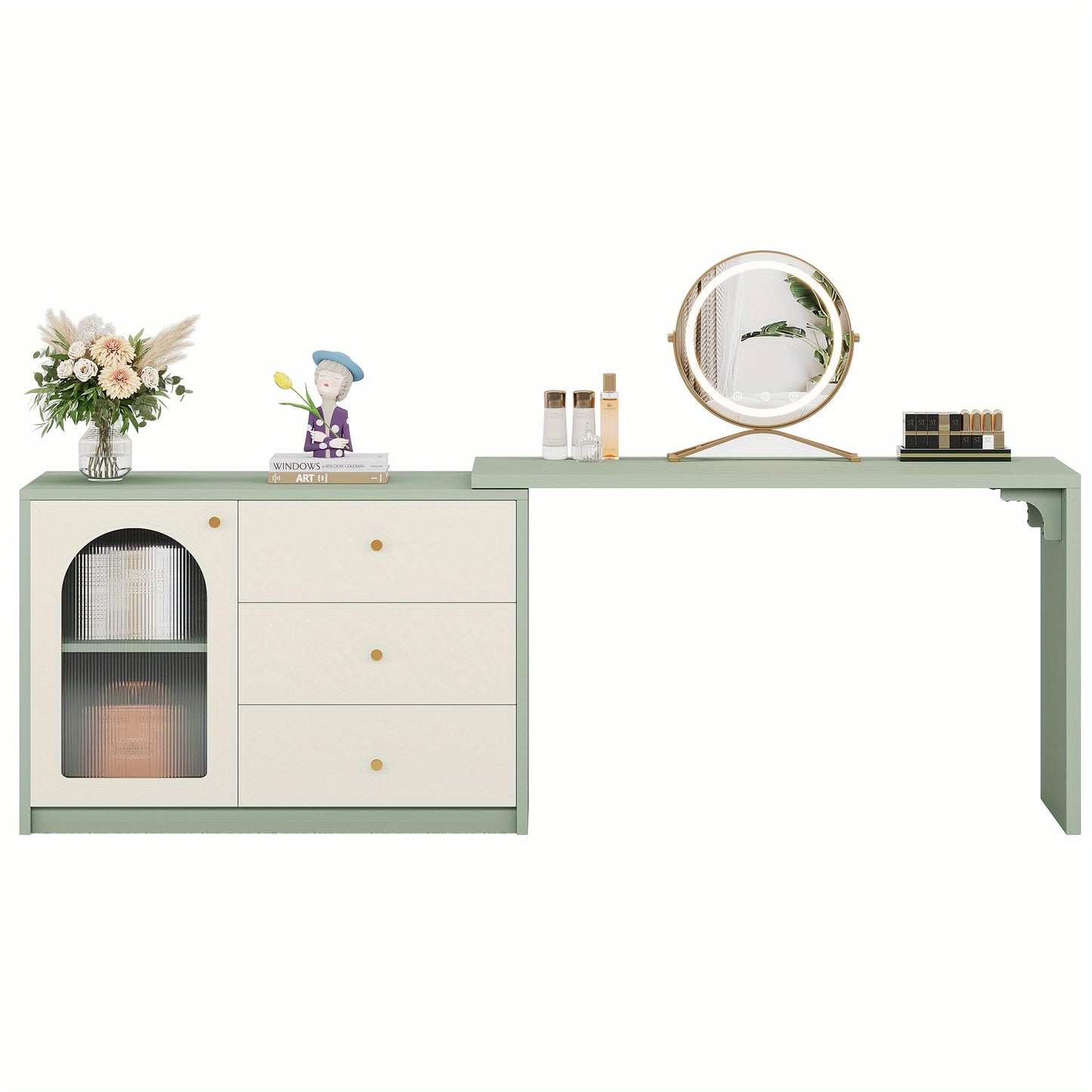 Modern Makeup Vanity Desk - Retractable Large Vanity Table with 3 Drawers & Cabinet