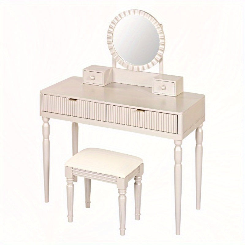 Chic Height-Adjustable Vanity Set with Round Mirror, 4 Spacious Drawers, Champagne Colored Dressing Table with Stool, Perfect for Home