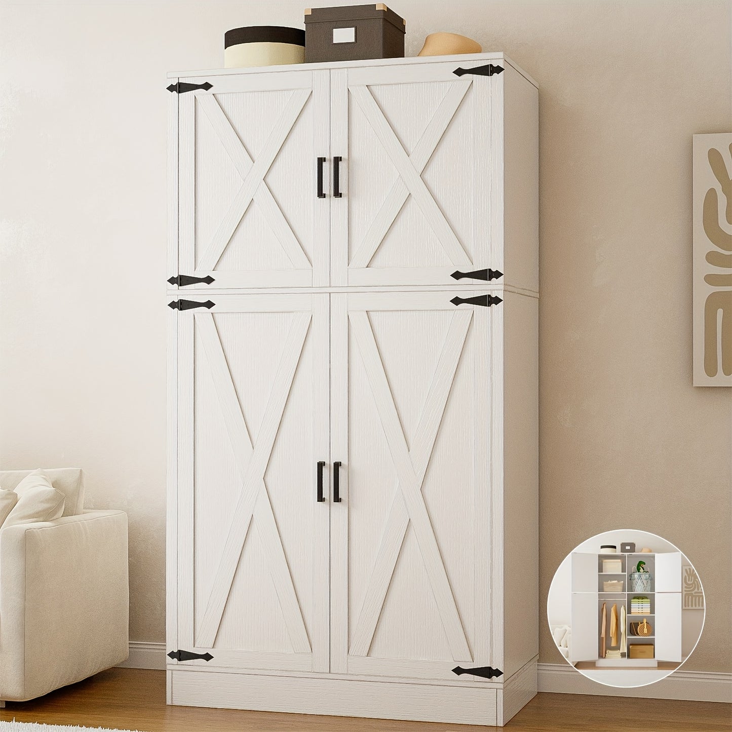 Unikito 71'' Farmhouse Wardrobe Closet with Hanging Rod, 4 Barn Door Clothing Storage Cabinet with Adjustable Shelves, Freestanding Wardrobe Cabinet for Bedroom, Living Room, Cloak Room, Office