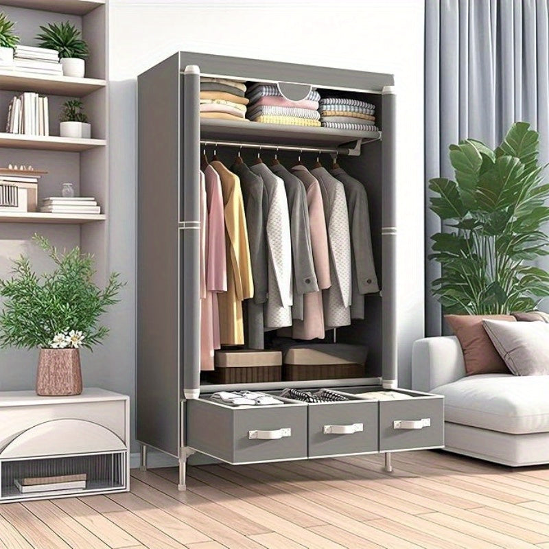 Portable Clothes Closet Rolling Door Wardrobe with Hanging Rack Non-Woven Fabric Storage Organizer with Three Drawer Boxes No-Tool Assembly-35. 4\