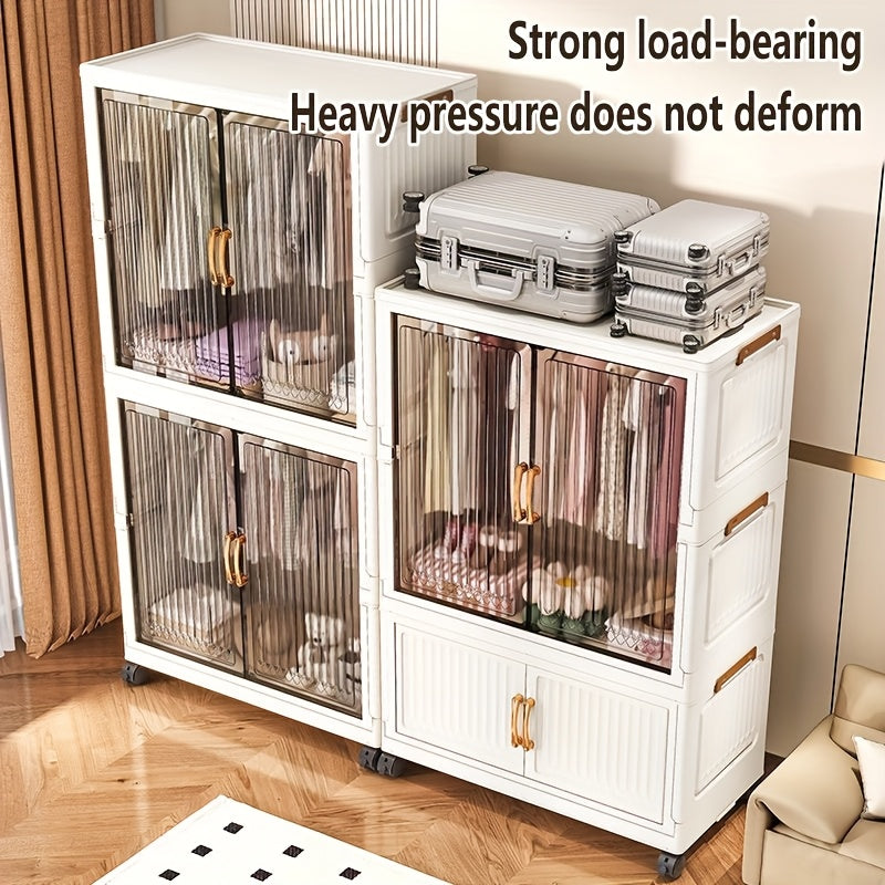 One Foldable Wardrobe with Wheels, Large Capacity Storage Cabinet, Multi-Layer Organizer Shelf, Easy Assembly Portable Closet for Home and Dormitory - Space-Saving Plastic Mobile Wardrobe, Portable Closets