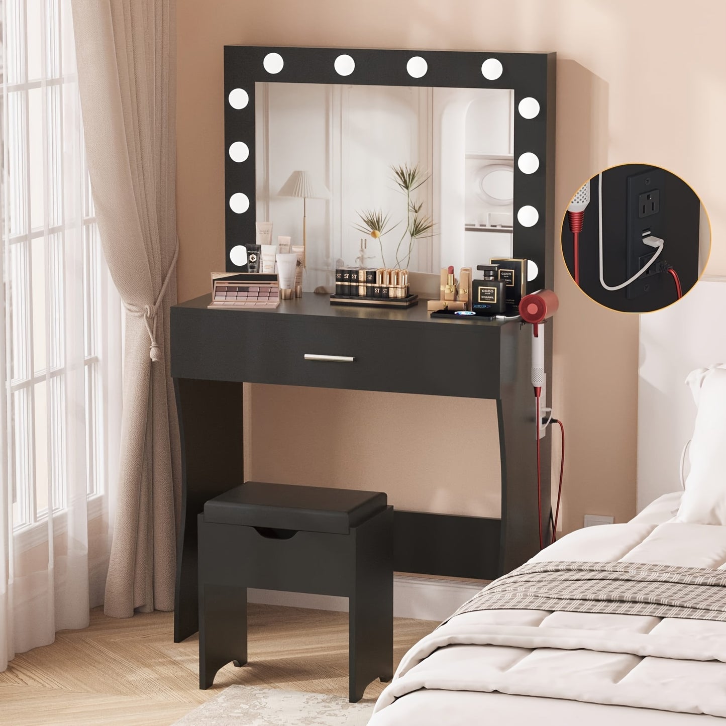 3-Drawer Vanity Desk With Lights - Makeup Vanities With Mirror, Power Outlet