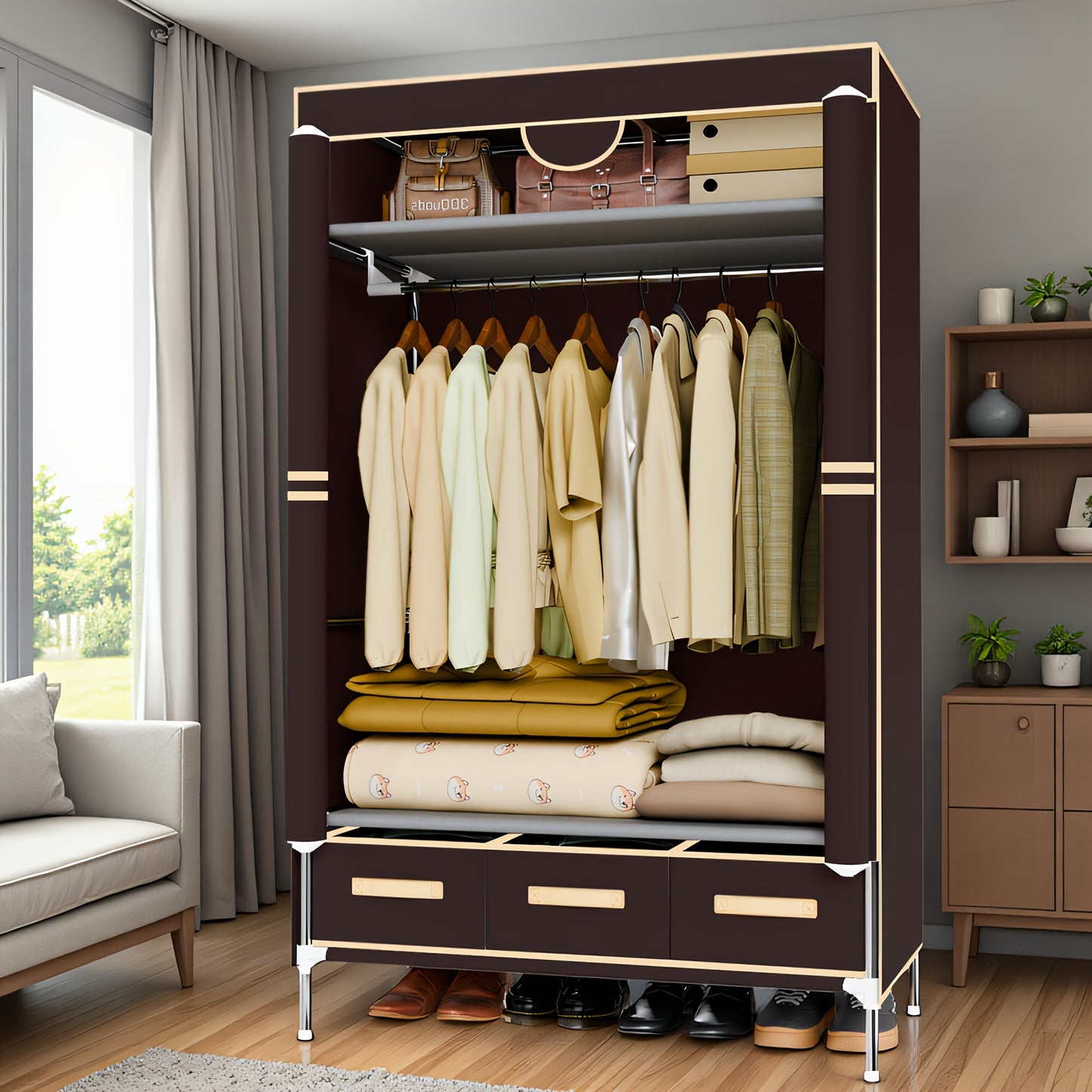 Portable Clothes Closet Rolling Door Wardrobe with Hanging Rack Non-Woven Fabric Storage Organizer with Three Drawer Boxes No-Tool Assembly-35. 4\