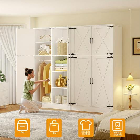 Unikito 71'' Farmhouse Wardrobe Closet with Hanging Rod, 4 Barn Door Clothing Storage Cabinet with Adjustable Shelves, Freestanding Wardrobe Cabinet for Bedroom, Living Room, Cloak Room, Office