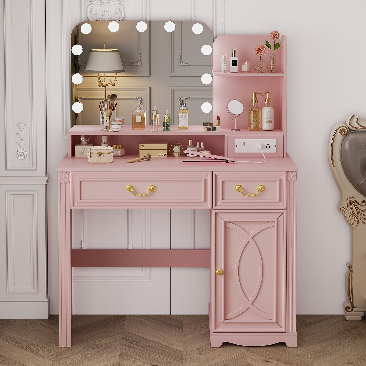HWB Makeup Vanity Desk With LED Lighting Mirror And Power Socket, Girls Vanity With 3 Color Modes And Adjustable Brightness, Small Vanity With 2 Drawers And Cabinets For Bedroom