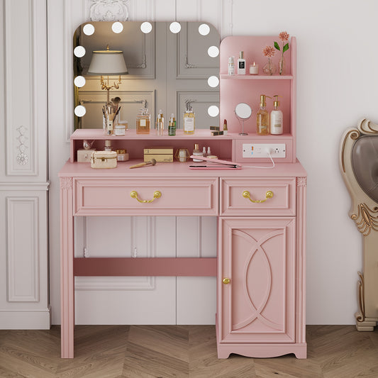 HWB Makeup Vanity Desk With LED Lighting Mirror And Power Socket, Girls Vanity With 3 Color Modes And Adjustable Brightness, Small Vanity With 2 Drawers And Cabinets For Bedroom