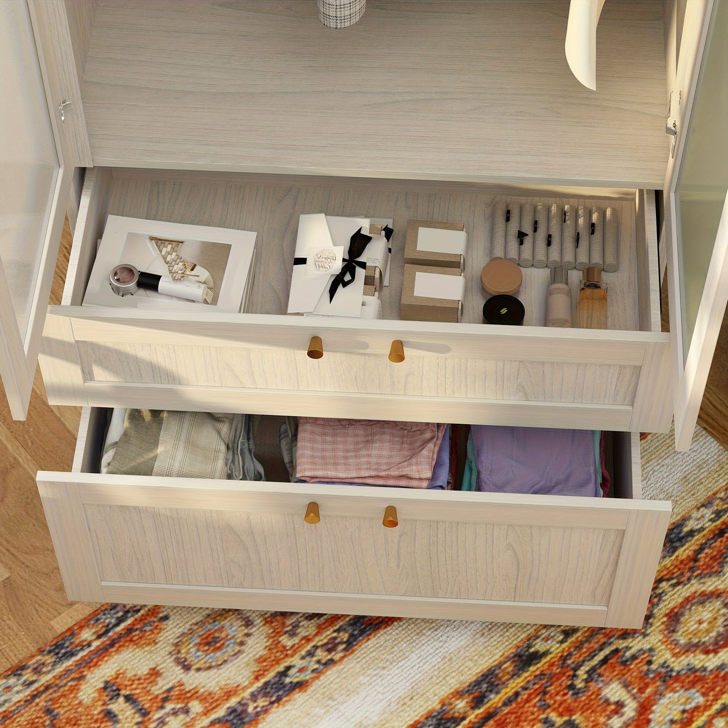 Modern Wardrobe Closet FUFU&GAGA Modern White Wooden Wardrobe Closet | Frosted Glass Doors, Hanging Bar & 2 Drawers - 27\
