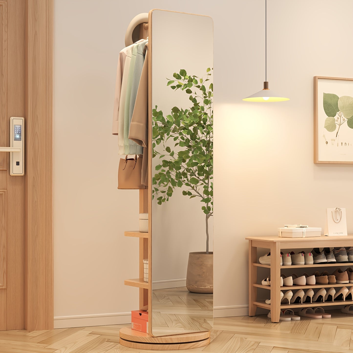Solid Wood Floor Mirror With Coat Rack - Rotating Multifunctional Mirror Furniture For Home Teacher Furniture Storage Wardrobe, Suitable For Bedroom And Living Room, Free Shipping