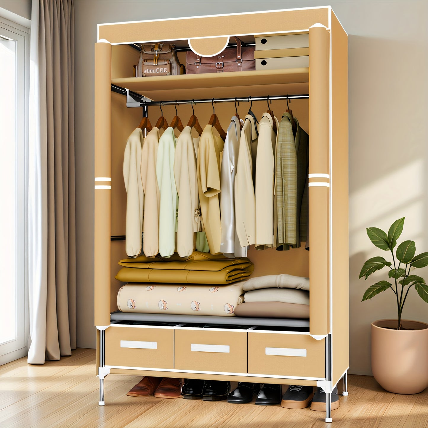 Portable Clothes Closet Rolling Door Wardrobe with Hanging Rack Non-Woven Fabric Storage Organizer with Three Drawer Boxes No-Tool Assembly-35. 4\