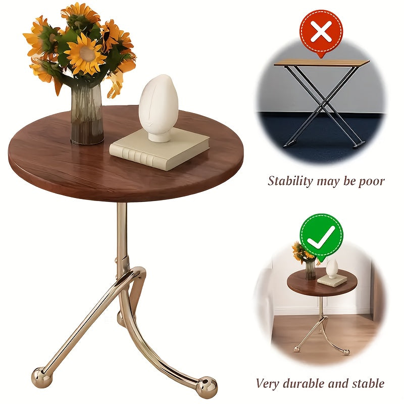 Stainless Steel Small Round Living Room Table, Vintage Style Bedside Desk with Unique Bracket Design for Solid Structure