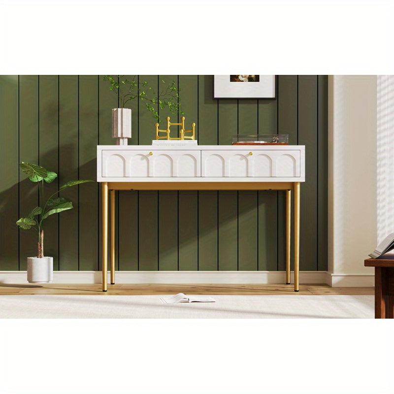 Modern Metal Leg Double Drawer Dressing Table - Vintage Style Wood & Metal Multifunctional Vanity with 2 Drawers, 27\