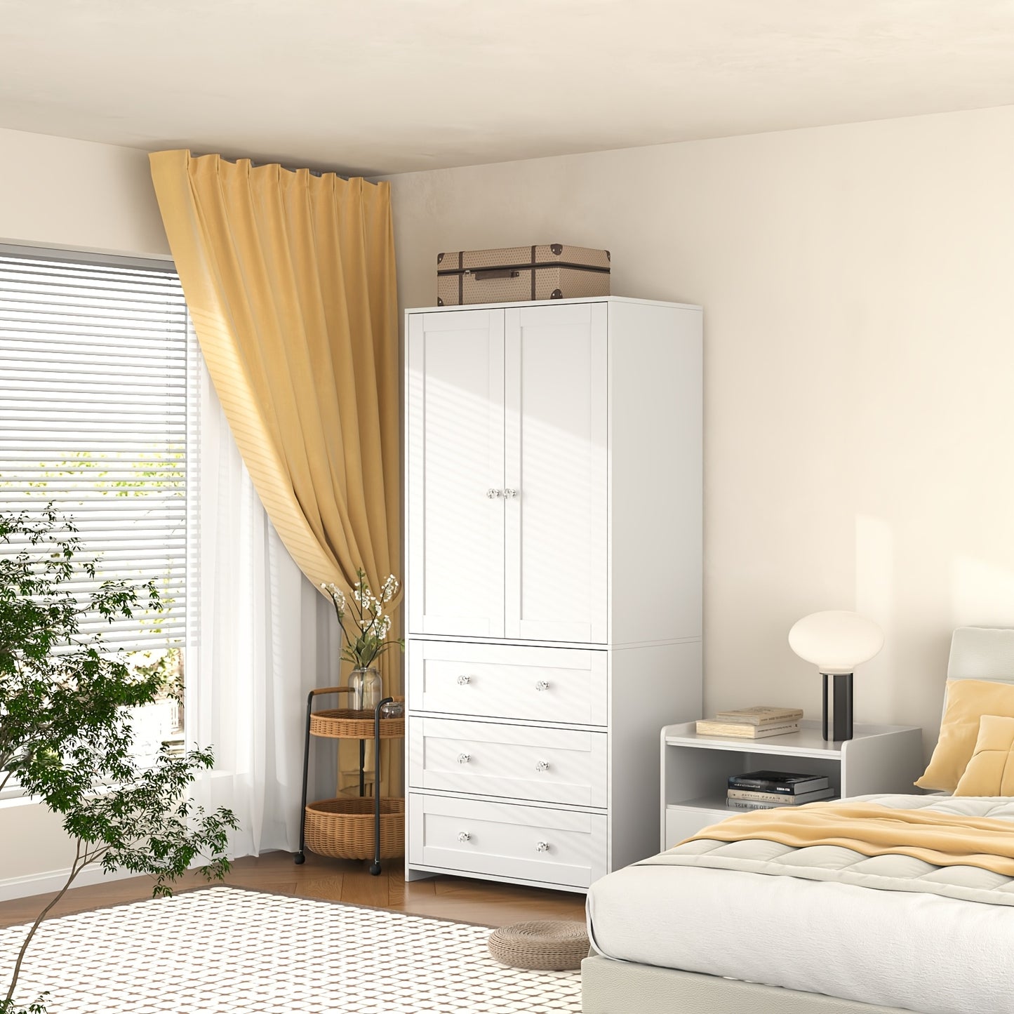 Modern Classic White Two-Door Wardrobe with Mirror, Drawers & Partitions - Hardwood MDF Freestanding Bedroom Armoire, Large Storage Cabinet with Clothes Rail, 3.2+ Cubic Feet, 27\