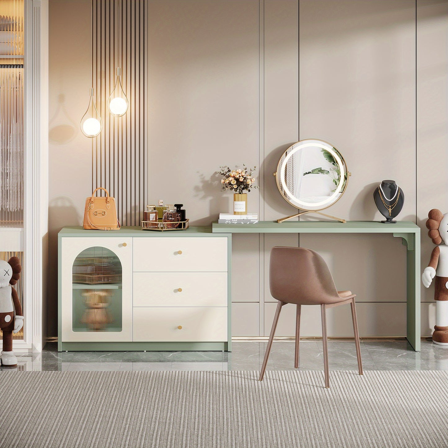 Modern Makeup Vanity Desk - Retractable Large Vanity Table with 3 Drawers & Cabinet