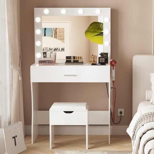 3-Drawer Vanity Desk With Lights - Makeup Vanities With Mirror, Power Outlet