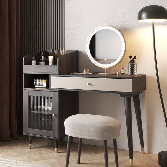 1pc Modern Rustic Style Makeup Vanity Desk with Storage Drawers & Cabinet - Stretchable, Left or Right Installation, Walnut\u002FBlack Wood - Ideal for Bedroom & Makeup Room Decor