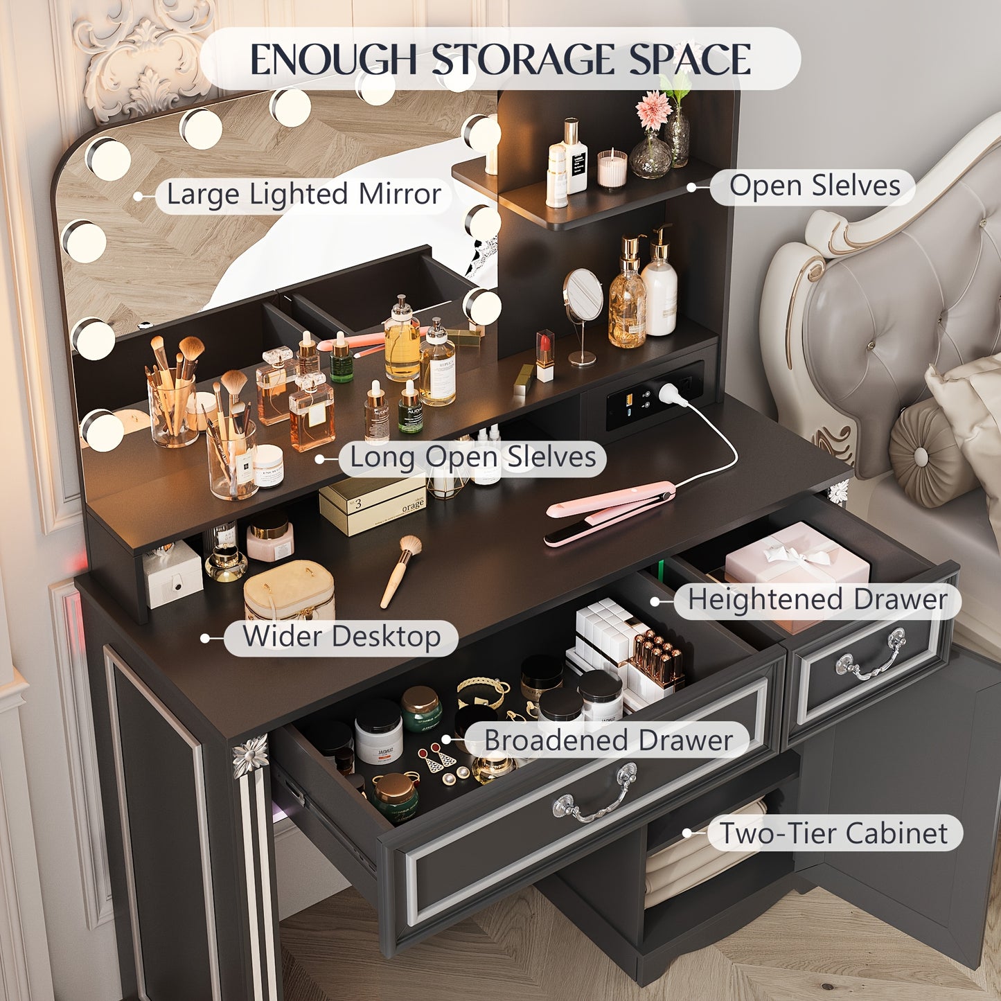 HWB Makeup Vanity Desk With LED Lighting Mirror And Power Socket, Girls Vanity With 3 Color Modes And Adjustable Brightness, Small Vanity With 2 Drawers And Cabinets For Bedroom