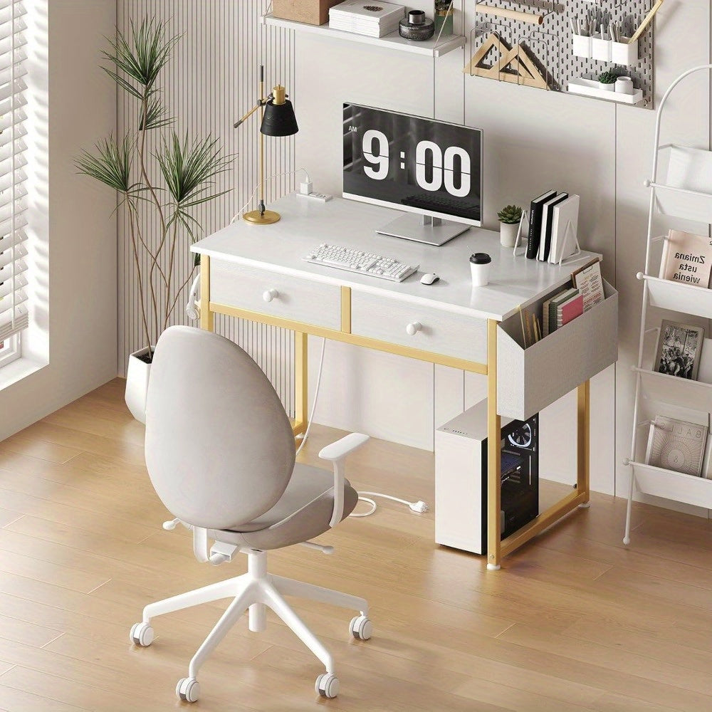 White Makeup Vanity Desk No Mirror with Chair, Small Vanity Table Set with Fabric Drawers