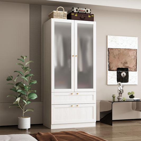 Modern Wardrobe Closet FUFU&GAGA Modern White Wooden Wardrobe Closet | Frosted Glass Doors, Hanging Bar & 2 Drawers - 27\