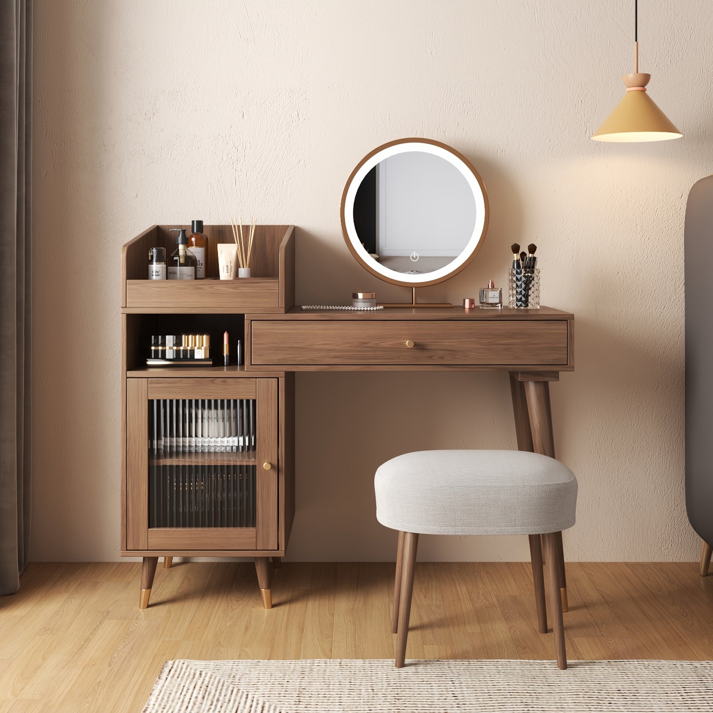 1pc Modern Rustic Style Makeup Vanity Desk with Storage Drawers & Cabinet - Stretchable, Left or Right Installation, Walnut\u002FBlack Wood - Ideal for Bedroom & Makeup Room Decor