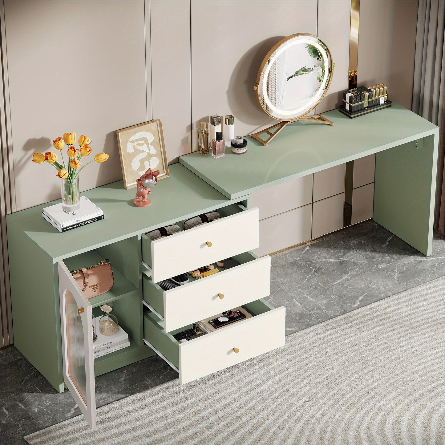Modern Makeup Vanity Desk - Retractable Large Vanity Table with 3 Drawers & Cabinet