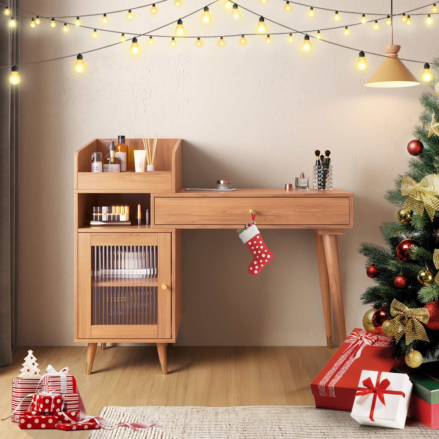 1pc Modern Rustic Style Makeup Vanity Desk with Storage Drawers & Cabinet - Stretchable, Left or Right Installation, Walnut\u002FBlack Wood - Ideal for Bedroom & Makeup Room Decor